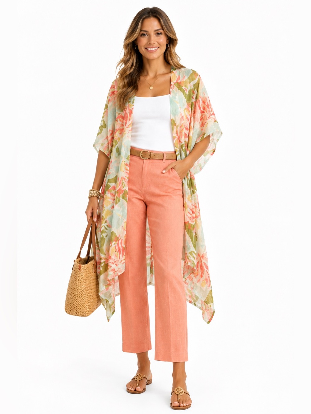 Floral Sheer Kimono Duster - Coral & Mint